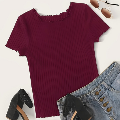 Women's short-sleeve ribbed top with wavy hem – fashionable basic for everyday and office wear