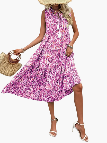 Women's Summer Dress Elegant Sleeveless with Allover Print and Tassels for Leisure and Vacation