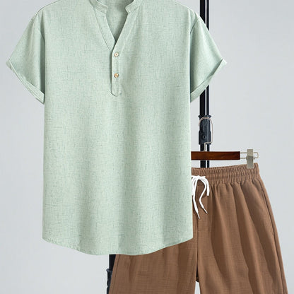 Men's Two-Piece Casual Set with Henley Shirt and Shorts – Modern Summer Outfit for Vacation & Everyday Wear