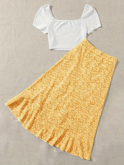 Damen Zweiteiler Set – Romantische Bluse mit Puffärmeln und Floraler Wickelrock – Perfekt für Sommer & Freizeit