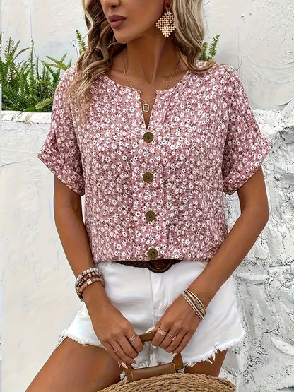 Women's Short-Sleeve Blouse with Floral Pattern and Button Placket – Elegant Summer Fashion for Everyday & Leisure