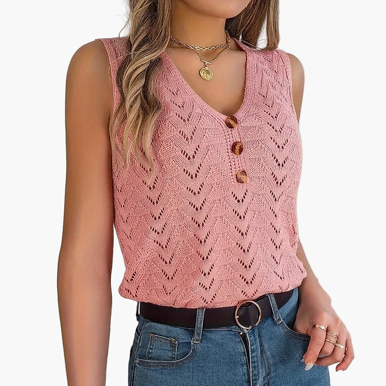 Women's knit top with V-neck and button placket – fashionable summer top for leisure and vacation