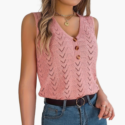 Women's knit top with V-neck and button placket – fashionable summer top for leisure and vacation