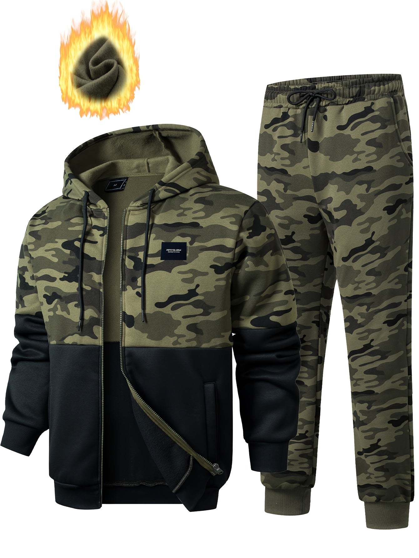 Men's camouflage tracksuit set, hooded jacket & pants, khaki green