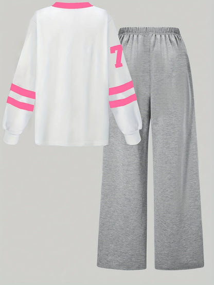 Two-piece women’s sports set: long-sleeve V-neck shirt and wide-leg pants, gray and white