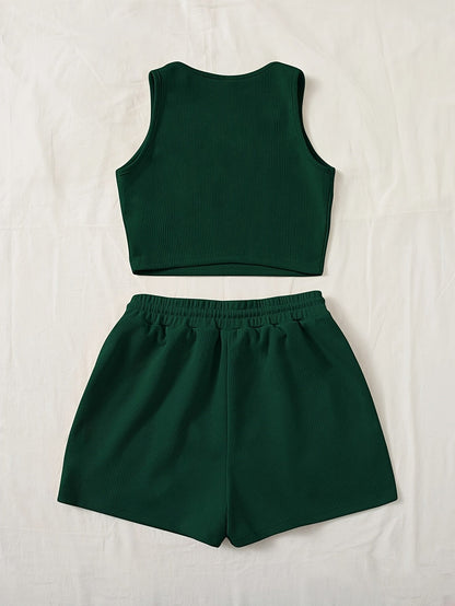 Women's Casual Two-Piece Set – Ribbed Crop Top and Shorts, Fashionable Summer Look