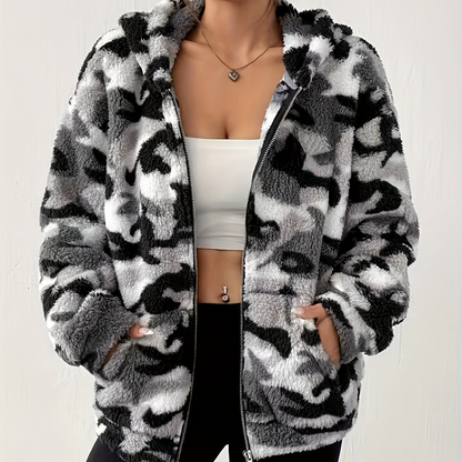 Teddy fleece hooded jacket with camouflage pattern and zipper