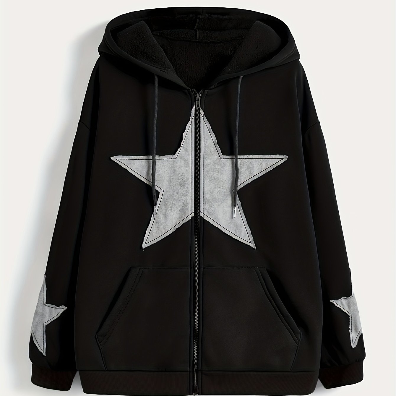 Unisex Kapuzenjacke mit Reißverschluss, Oversize, Stern-Applikationen, Kordelzug, Kängurutaschen