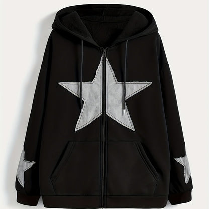 Unisex Kapuzenjacke mit Reißverschluss, Oversize, Stern-Applikationen, Kordelzug, Kängurutaschen