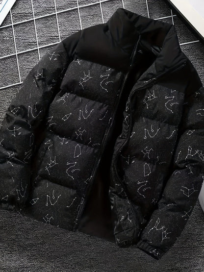 Padded jacket with constellation print, zipper, and stand-up collar