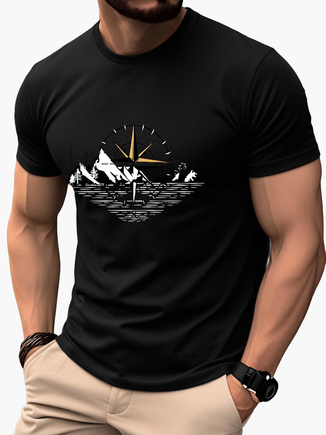 Men's T-Shirt with Compass and Mountain Design – Outdoor Adventure & Casual Look