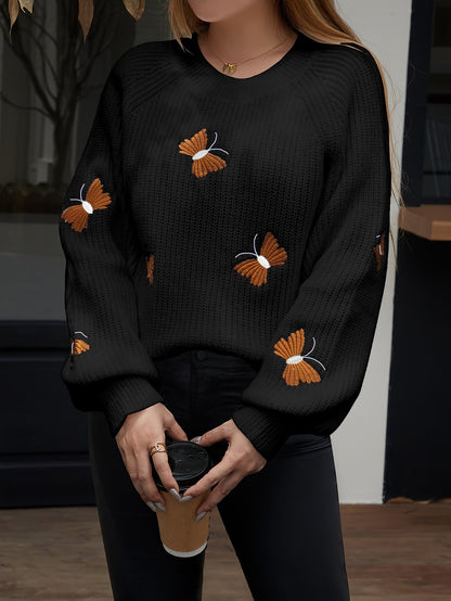 Women's knitted sweater with butterfly embroidery, crew neck, long sleeves