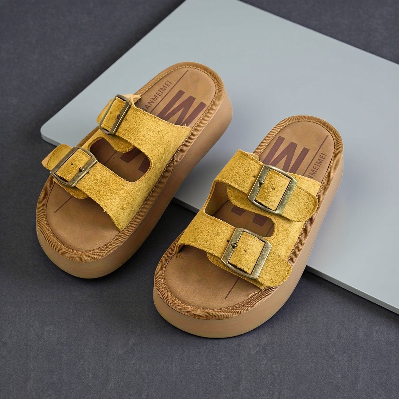 Damen Plateau-Sandalen mit Doppelriemen und Schnalle für Freizeit und Alltag