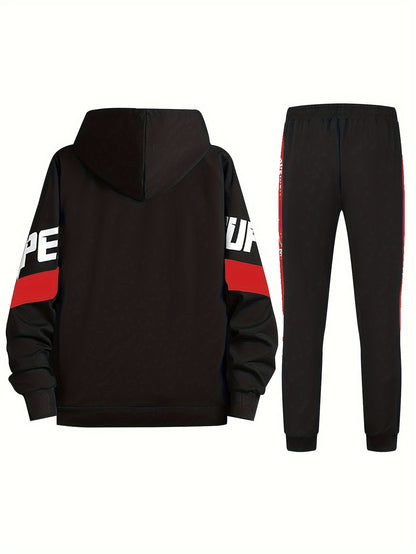 Men's sports tracksuit with a zip-up hooded jacket and striped joggers