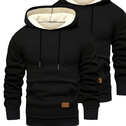 2-pack of men’s hooded sweatshirts, fleece-lined, with kangaroo pockets and drawstrings, black & dark gray