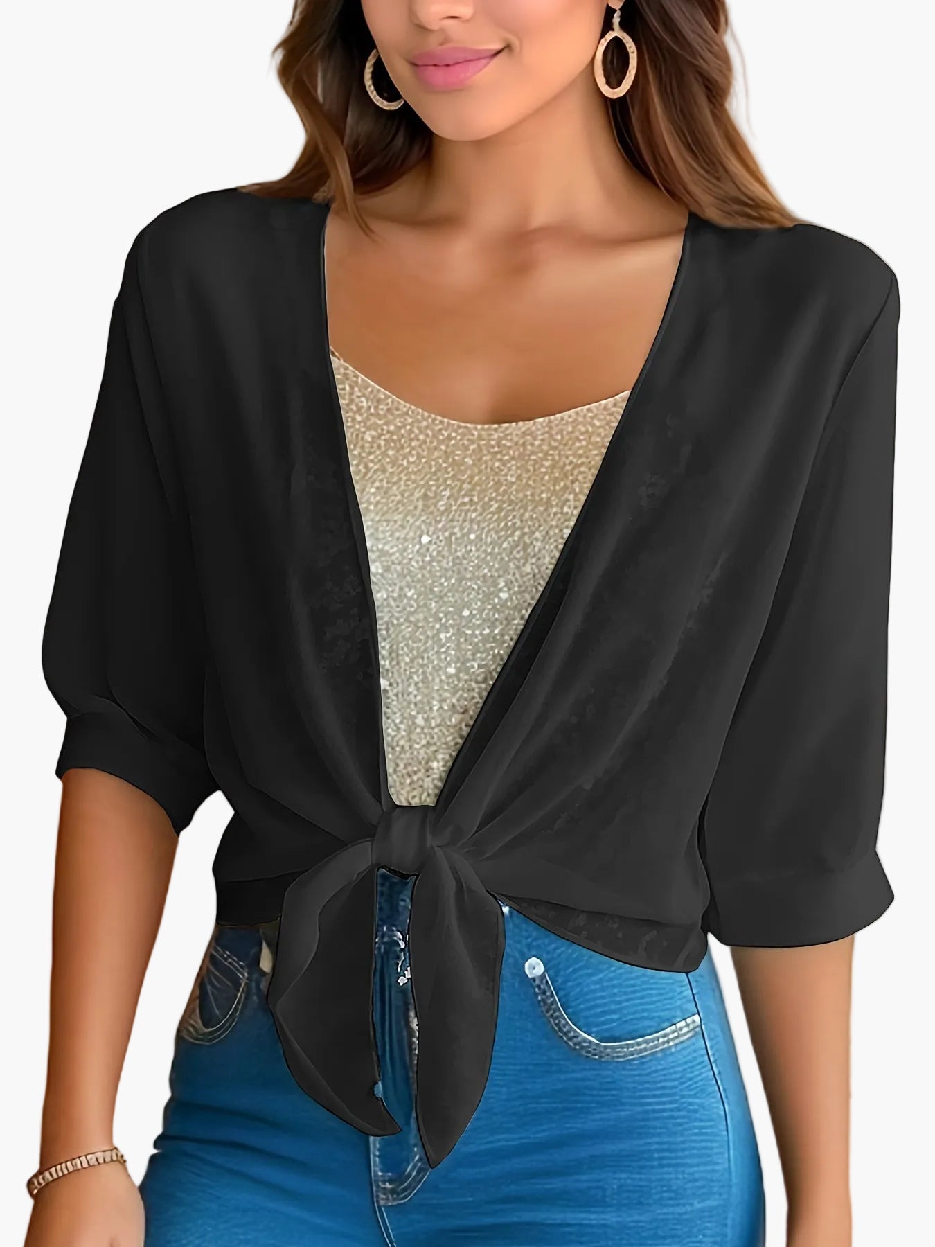 Women's Crop Blouse with Knot Detail and Half Sleeves – Fashionable for Everyday and Leisure