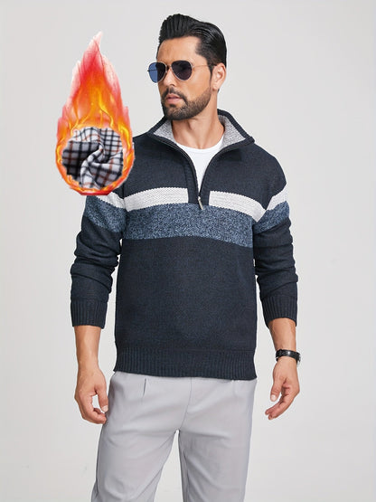 Men's knitted sweater with a stand-up collar and zipper, striped, softly lined inside