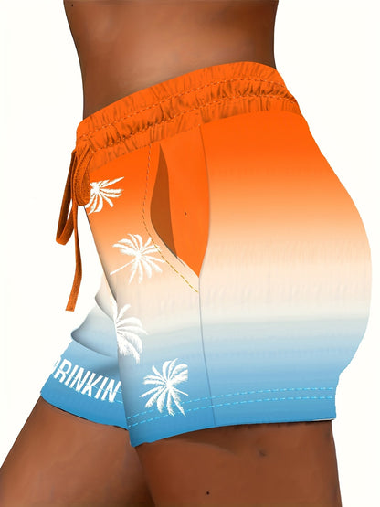 Women's casual shorts with palm tree print and "DAY DRINKIN'" statement for summer & vacation