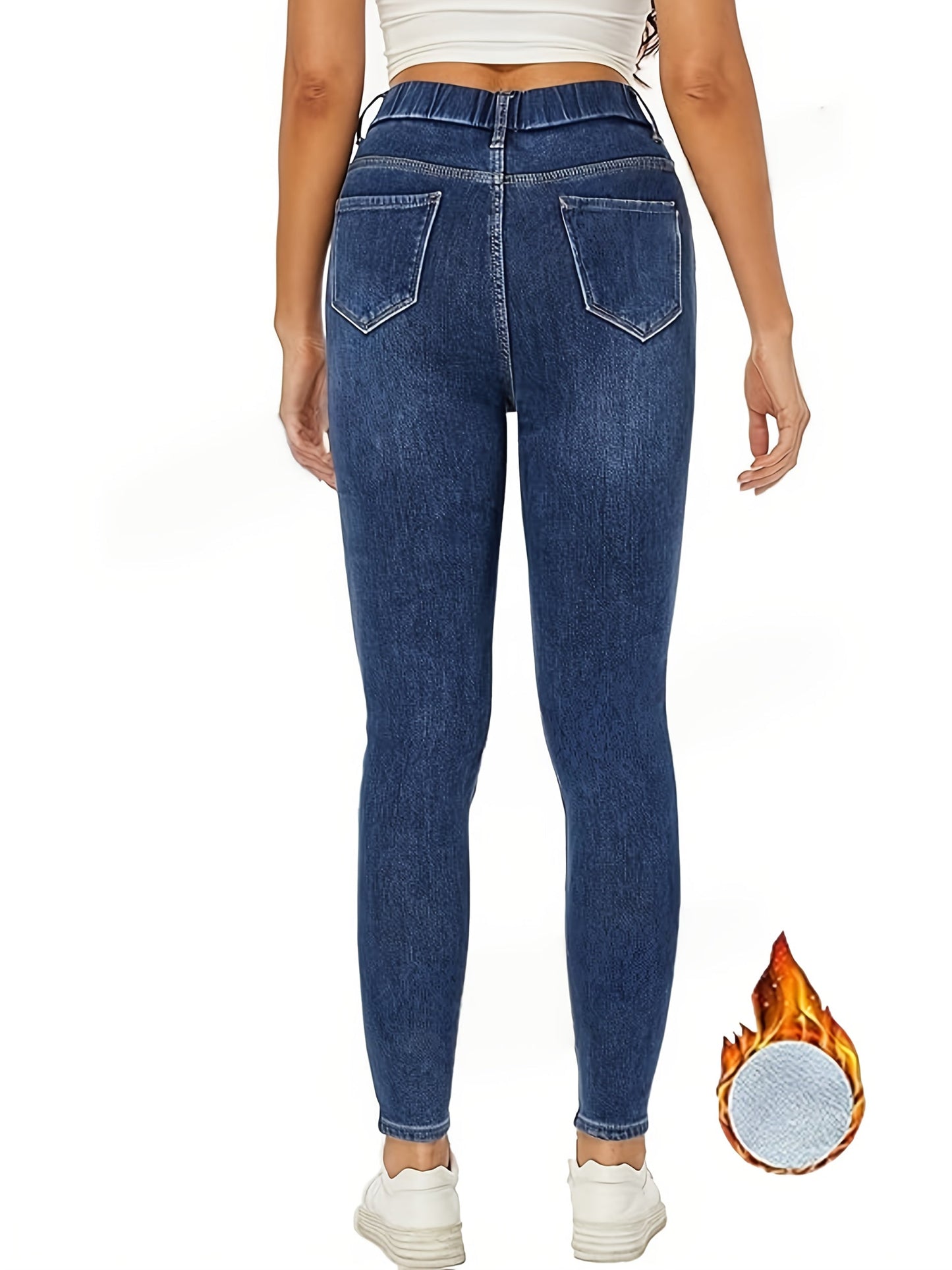 Lined women's skinny-fit jeans, dark blue stretch thermal jeans