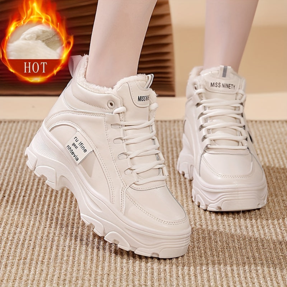 Damen Gefütterte Plateausneaker, Winter Hohe Sneaker mit dicker Sohle, Weiß