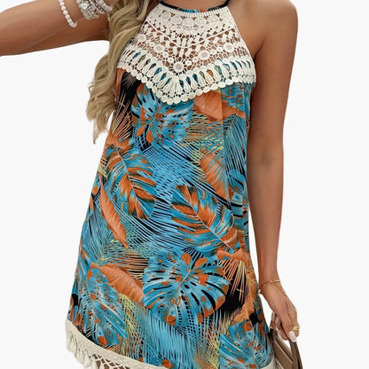 Women's Summer Beach Dress in Boho Style with Crochet Details and Paisley Pattern – Elegant Casual Tunic Dress for Vacation and Everyday Wear