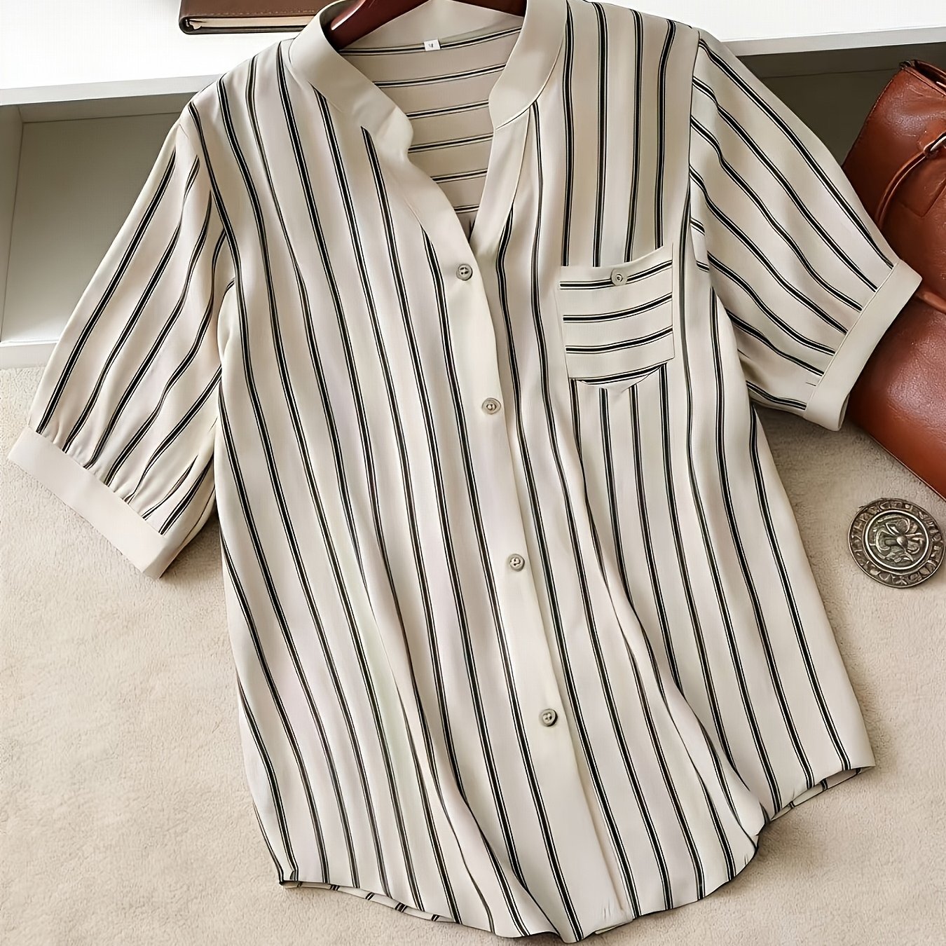 Women's short-sleeve blouse with stand-up collar and button placket – Casual stripes, summer tunic, office & leisure