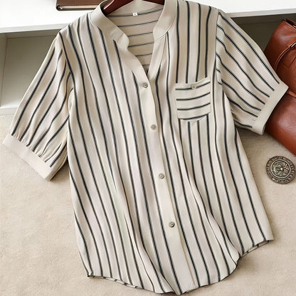 Women's short-sleeve blouse with stand-up collar and button placket – Casual stripes, summer tunic, office & leisure