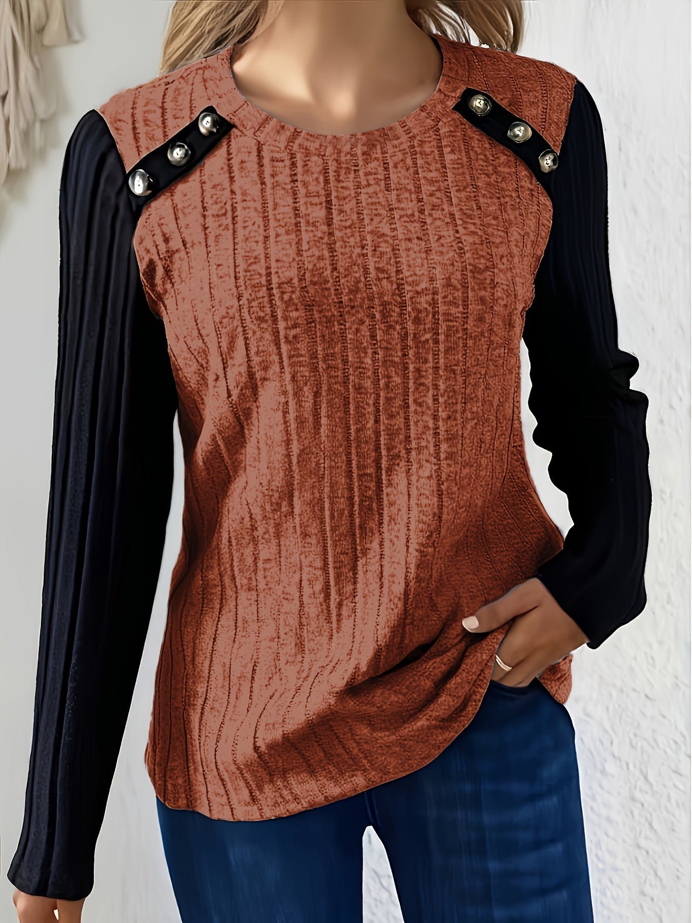 Damen Langarmshirt Gerippt mit Knopfleiste Kontrastärmel Schwarz