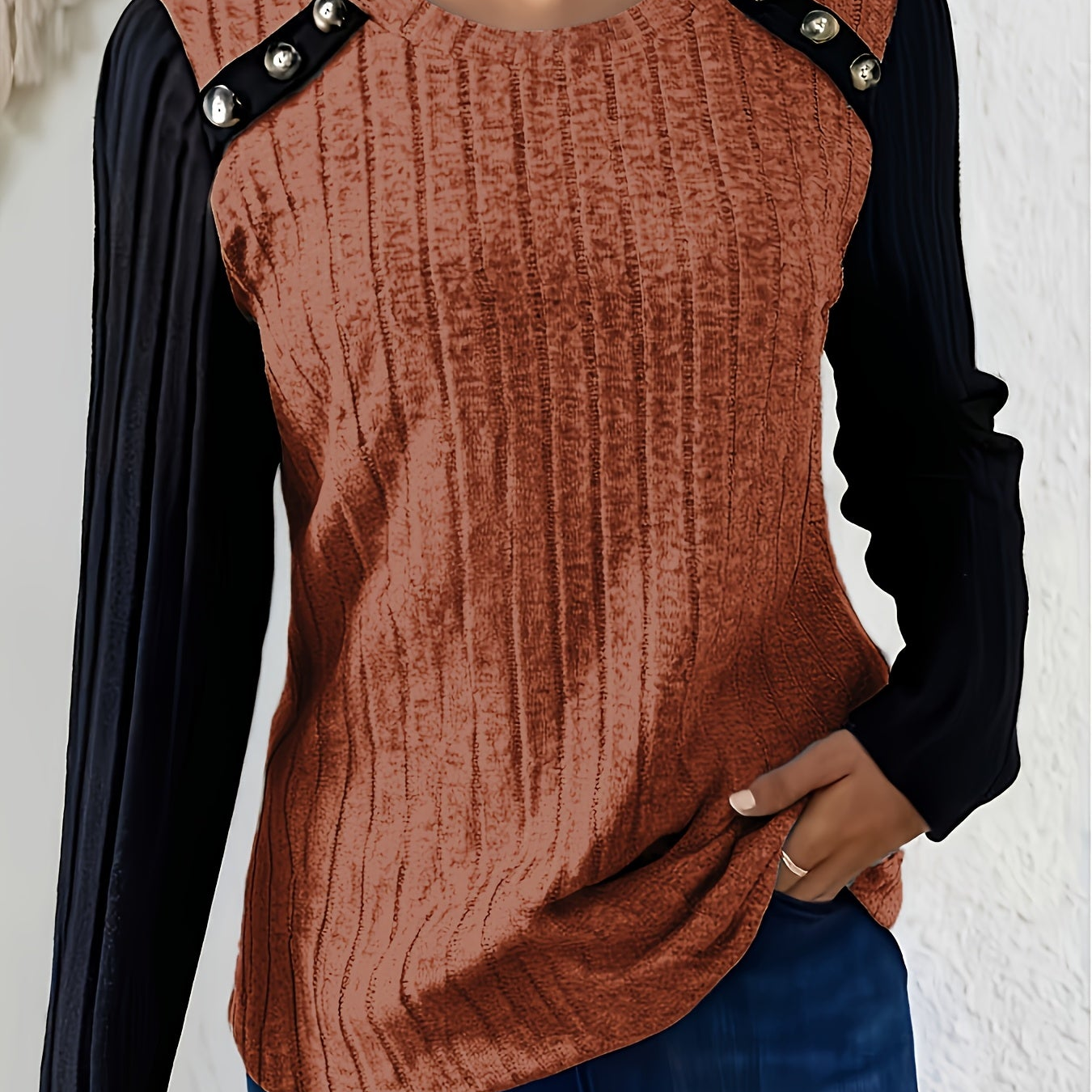 Damen Langarmshirt Gerippt mit Knopfleiste Kontrastärmel Schwarz