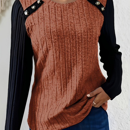 Damen Langarmshirt Gerippt mit Knopfleiste Kontrastärmel Schwarz