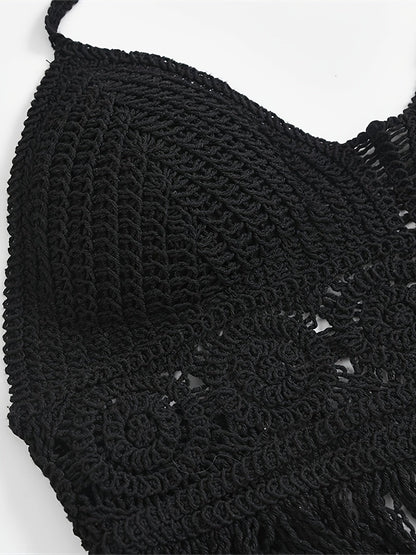 Women's Boho Crochet Bralette Halter Top with Fringe – Festival & Summer Beachwear
