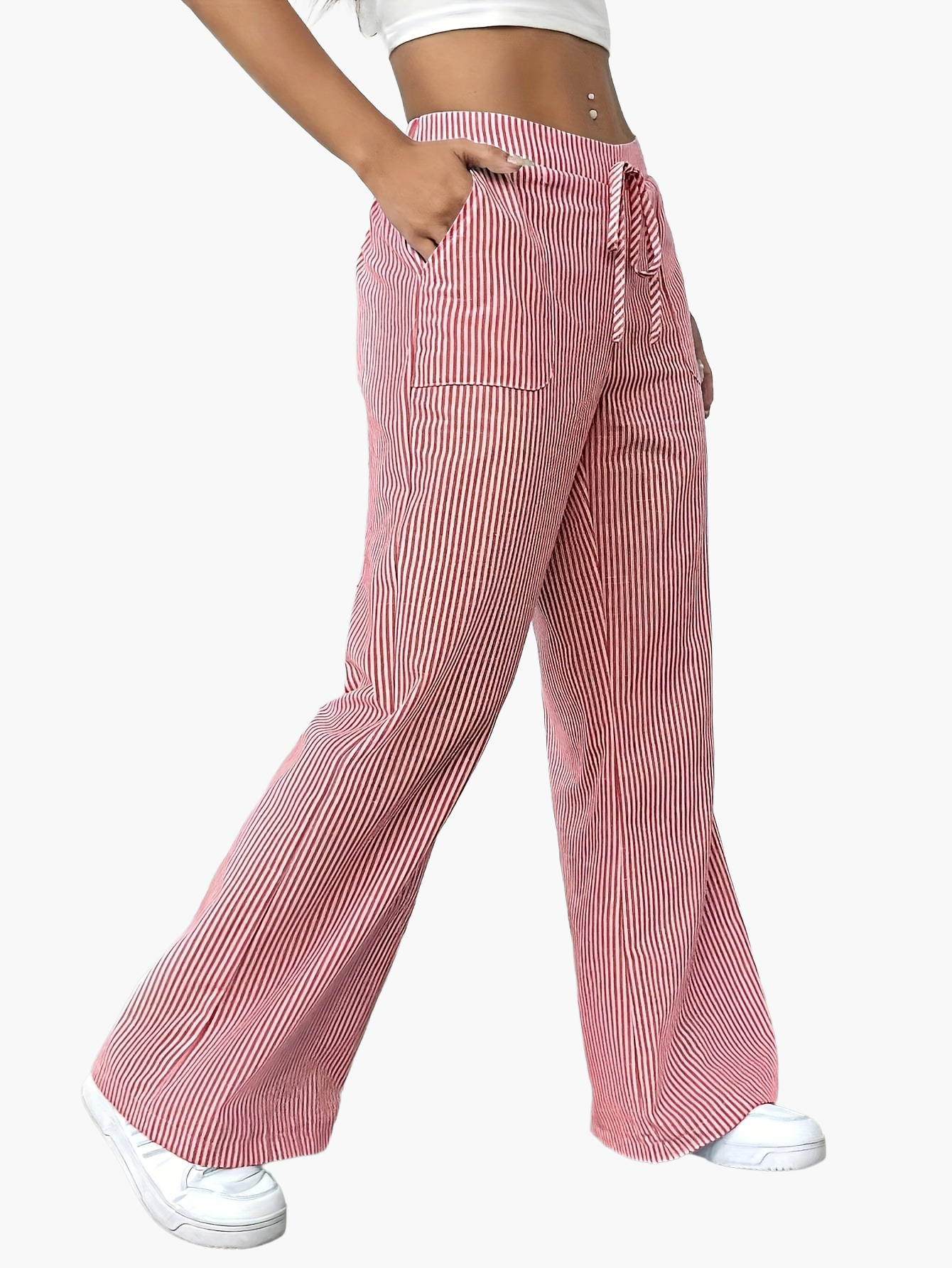 Women's Wide Casual Pants with Stripes and Drawstring – Casual Street Style for Everyday and Leisure