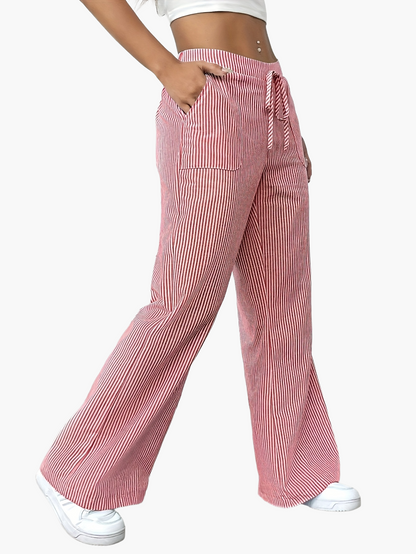 Women's Wide Casual Pants with Stripes and Drawstring – Casual Street Style for Everyday and Leisure