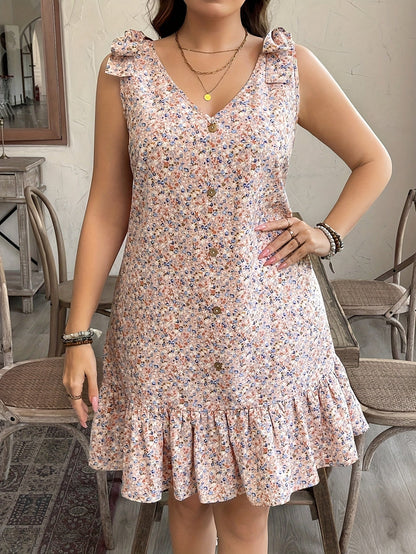 Damen Sommerkleid Elegant mit V-Ausschnitt und Rüschen, Freizeitkleid mit Knopfleiste, Plus Size