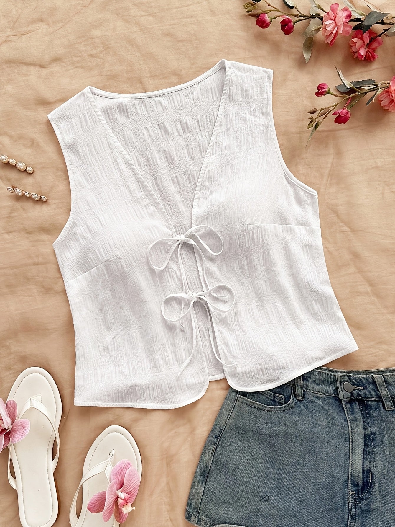 Women's sleeveless vest with tie and crinkle look – Boho streetwear for leisure & vacation