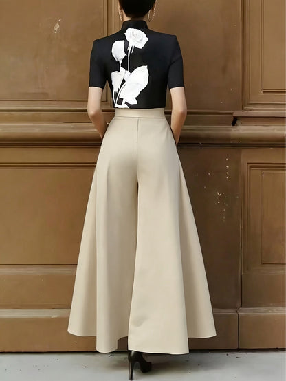 Women's Elegant Wide High-Waist Palazzo Pants with Belt for Office and Leisure