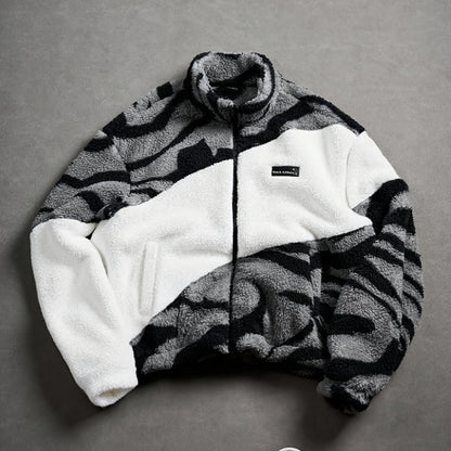 Unisex fleece jacket with stand-up collar, zipper, and animal print