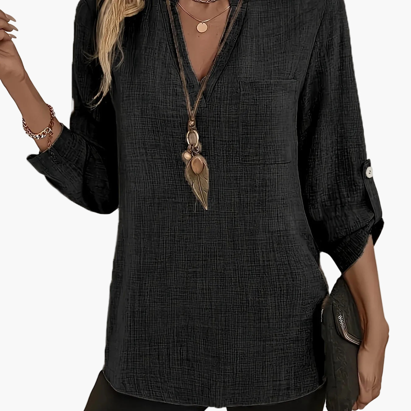 Damen Tunika Bluse mit V-Ausschnitt und Knopfdetails – Eleganter Freizeit-Look für Büro & Alltag