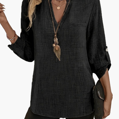 Damen Tunika Bluse mit V-Ausschnitt und Knopfdetails – Eleganter Freizeit-Look für Büro & Alltag