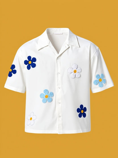 Herren Freizeit Kurzarm-Hemd mit Blumenapplikationen und Camp-Kragen – Modernes Sommer-Design