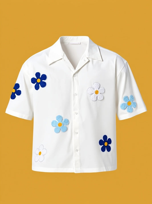 Men's Casual Short-Sleeve Shirt with Floral Appliqués and Camp Collar – Modern Summer Design