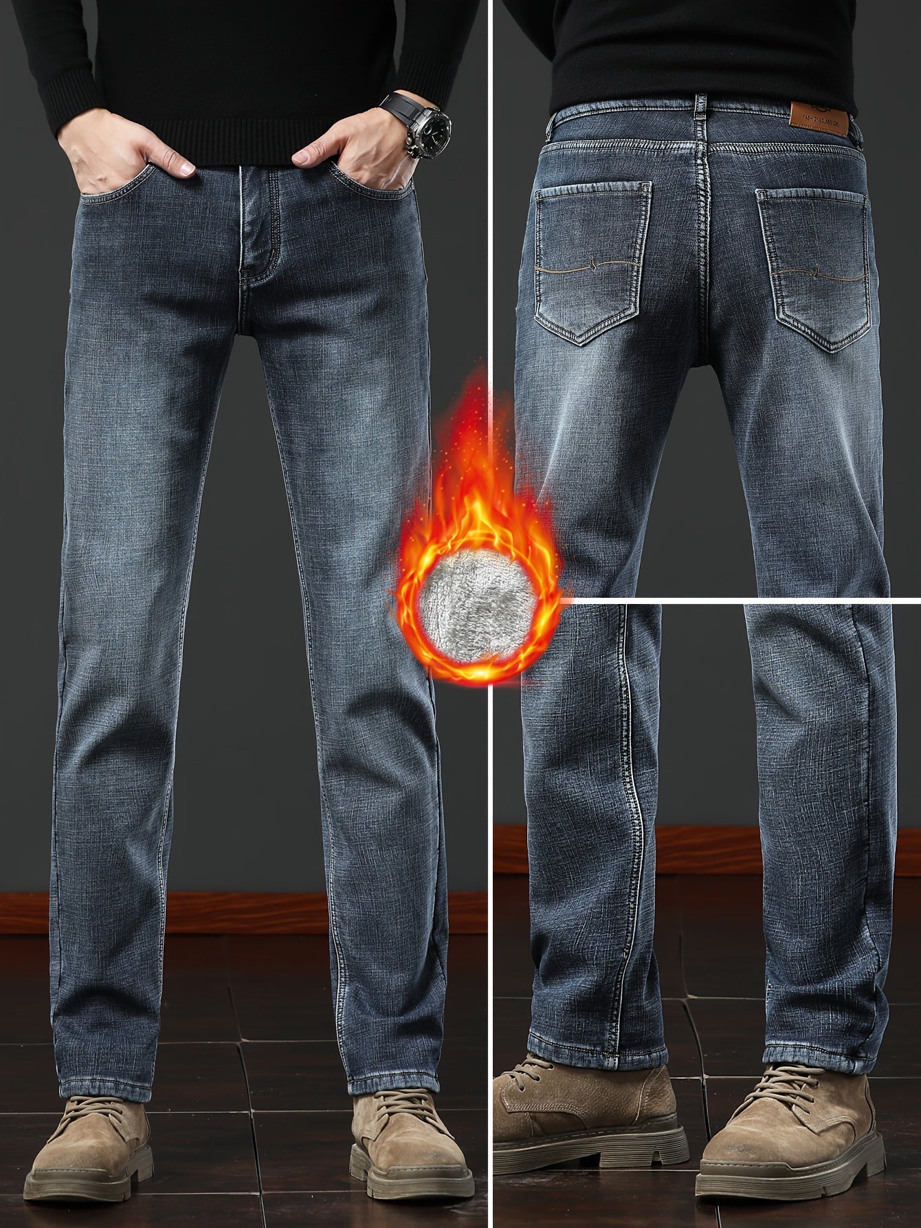 Herren Winter Jeans Thermojeans gefüttert gerade Schnitt mit Fleecefutter Blau Grau