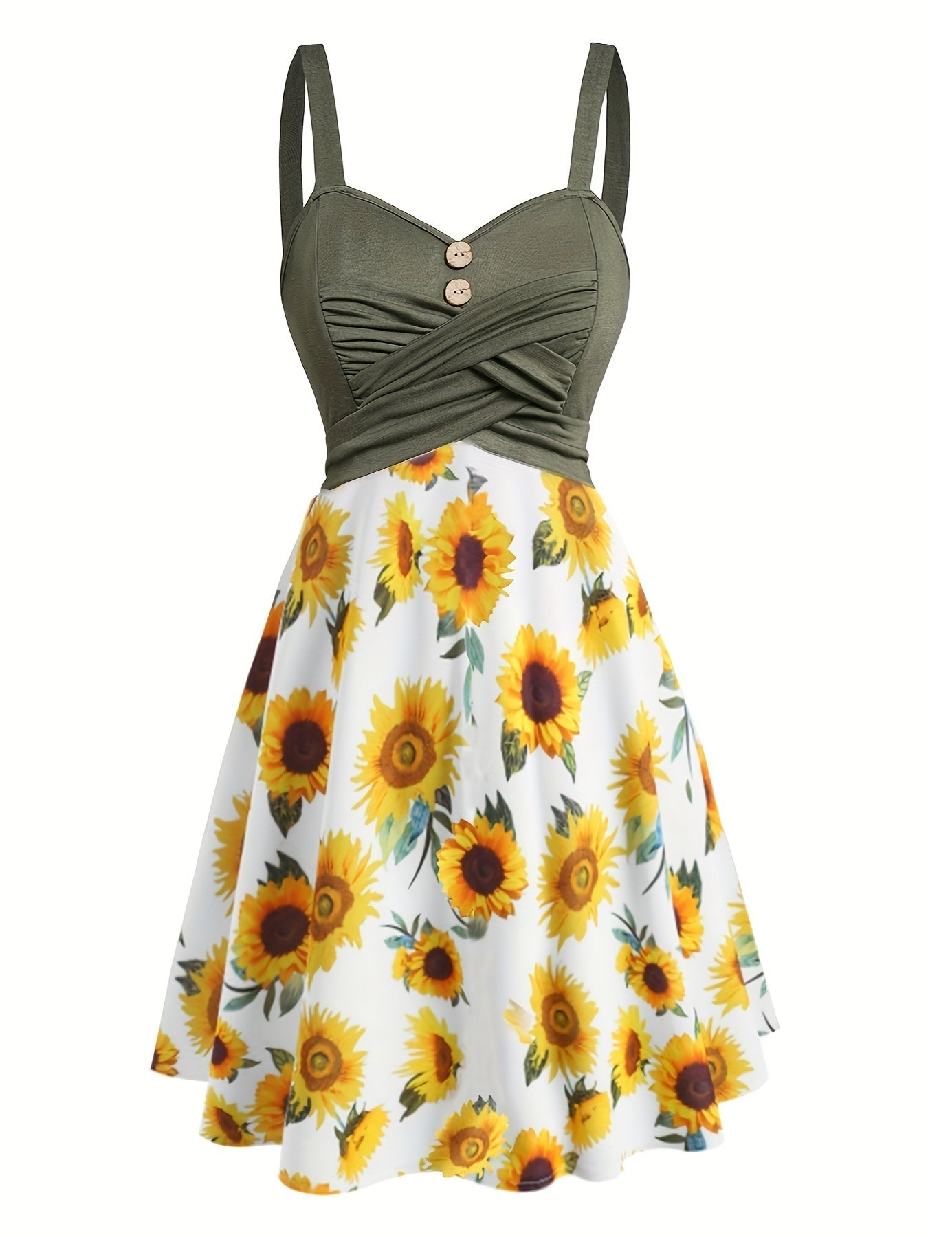 Damen Vintage Sommerkleid A-Linie mit Sonnenblumenmuster – Perfekt für Alltag und Freizeit