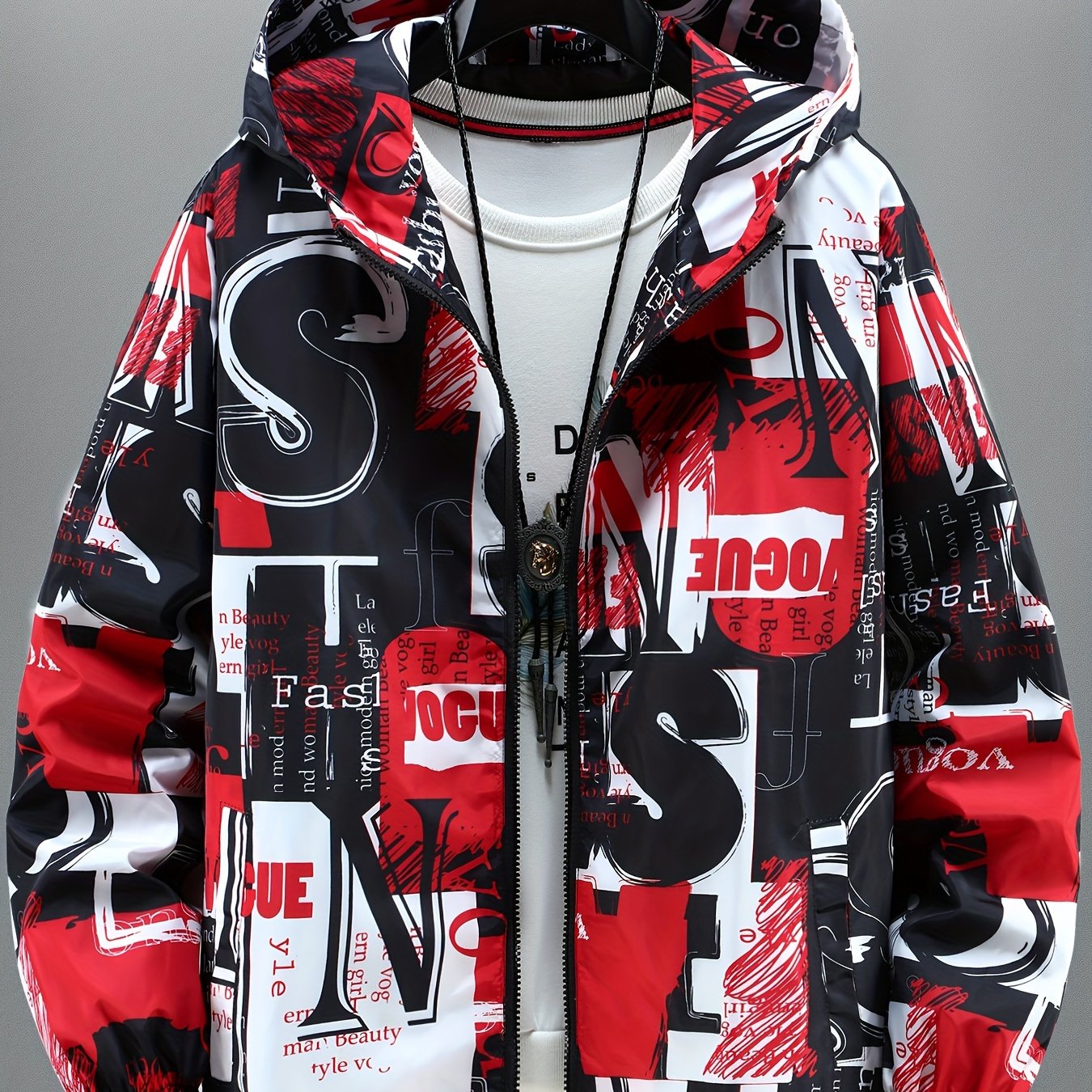 Unisex hooded jacket with all-over print, zip-up windbreaker, red, black, white