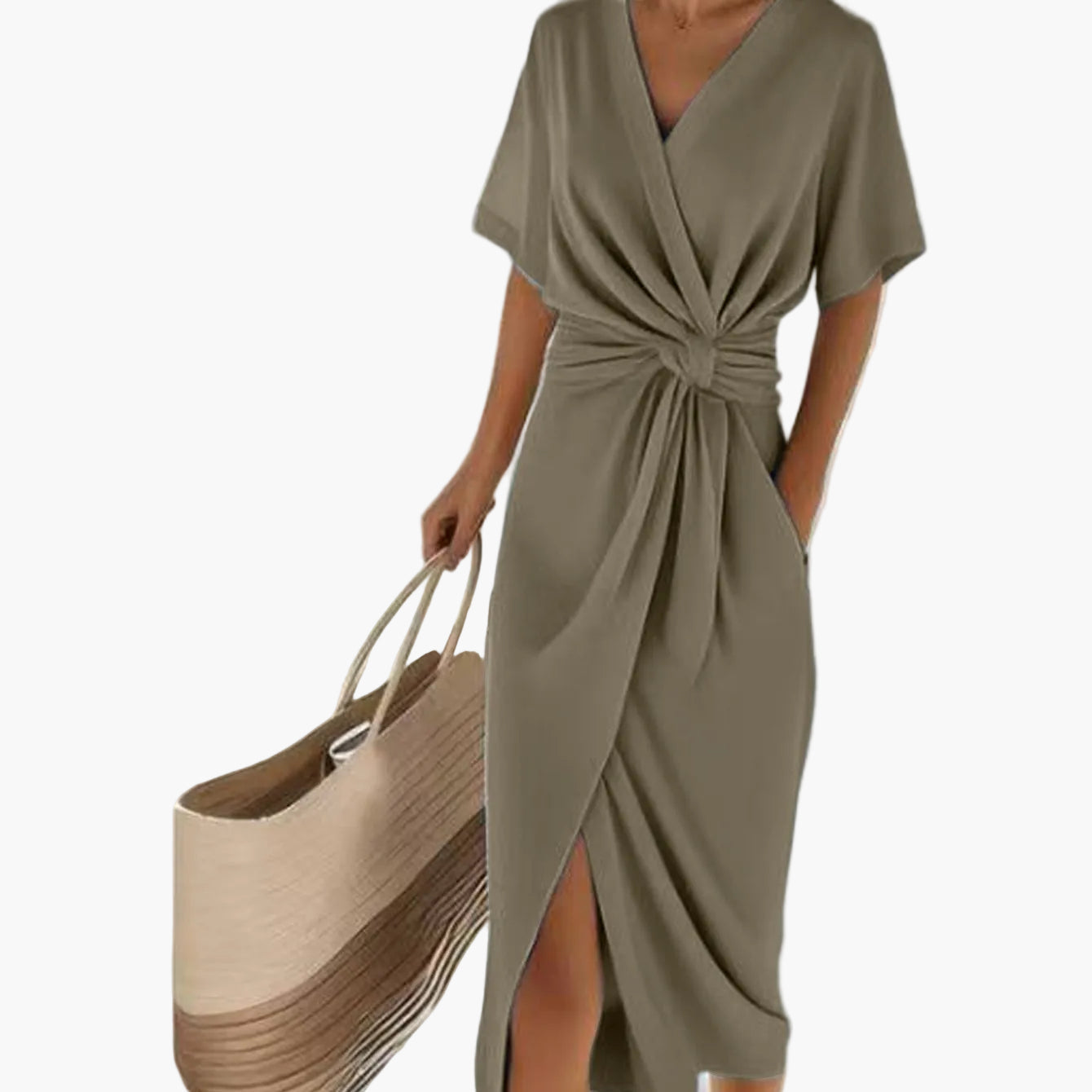 Women's Summer Wrap Dress with Knot Detail and V-Neck – Elegant Vintage Beach Dress