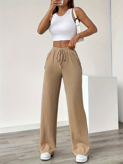 Women's Straight Leg Casual Pants with Button Details and Drawstring – Ideal for Everyday and Leisure
