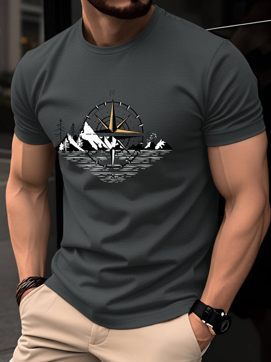 Men's T-Shirt with Compass and Mountain Design – Outdoor Adventure & Casual Look
