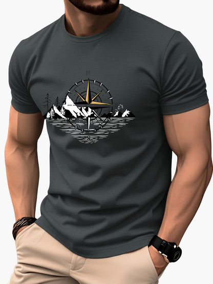 Men's T-Shirt with Compass and Mountain Design – Outdoor Adventure & Casual Look