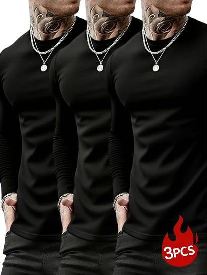 Herren Langarmshirt Rundhals 3er-Pack in Schwarz, Grau und Weiß