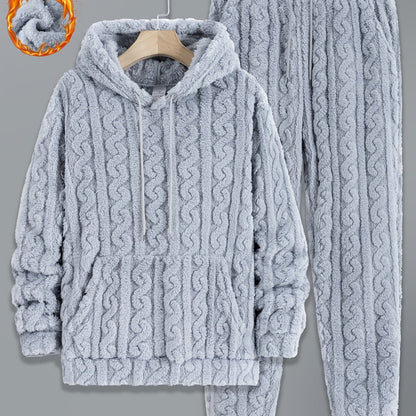 Men's cozy cable-knit tracksuit with hoodie and pants, soft & warm